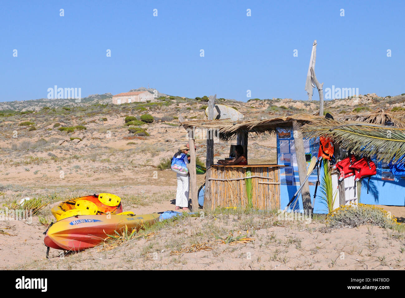 Surfboards for hires at a surf shack,La Tonnara beach, Bonifacio, Corsica, France Stock Photo