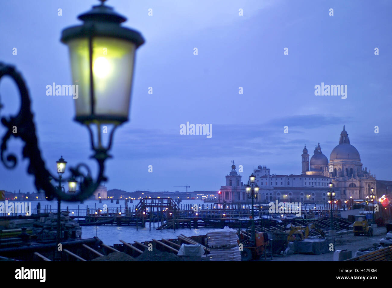 Italy, Venice, Markus's cathedral, dusk, lanterns, lighting, lantern light, channel, bridges, Europe, waters, places interest, sea, famous, vacation, tourism, outsides, outside, travels, romantically, town, architecture, pile, landing stage, boat investor Stock Photo