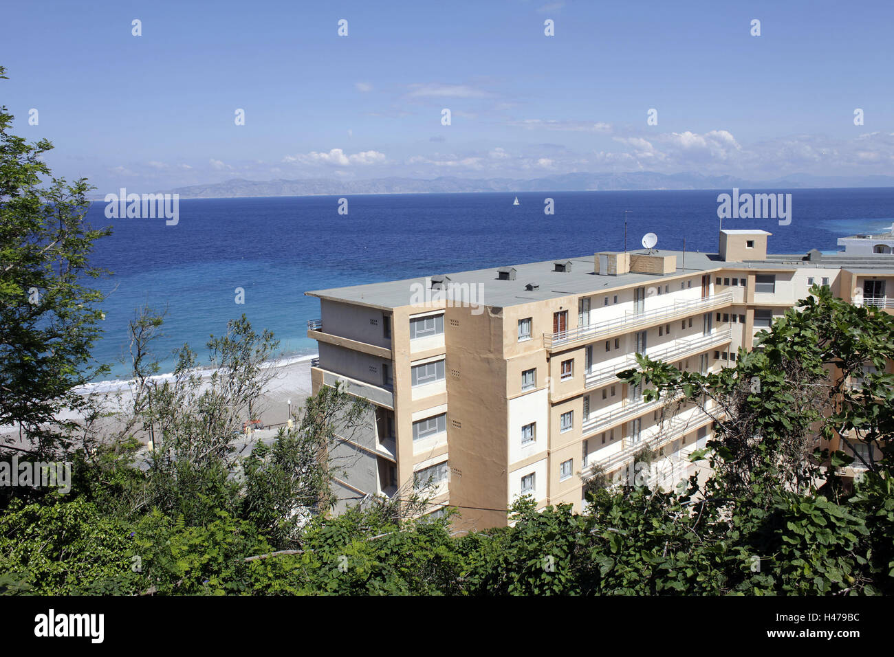 Greece, Rhodes, sea, mountains, hotel buildings, sunshine, water, clouds, Stock Photo