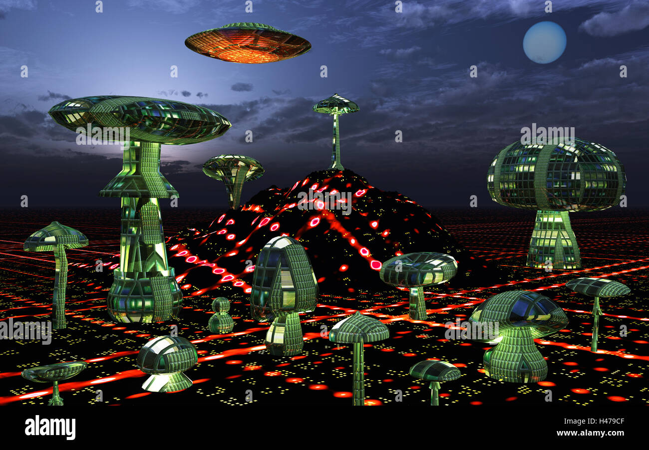 An Alien Worlds Futuristic Surreal City. Stock Photo
