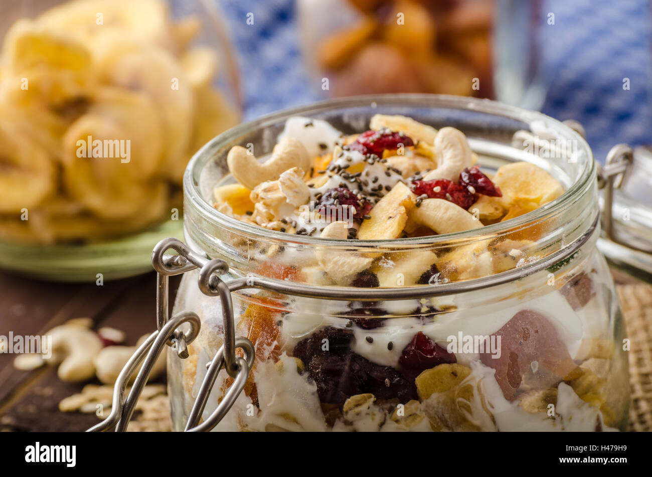 Homemade yogurt with granola, dried fruit and nuts bio cia seed