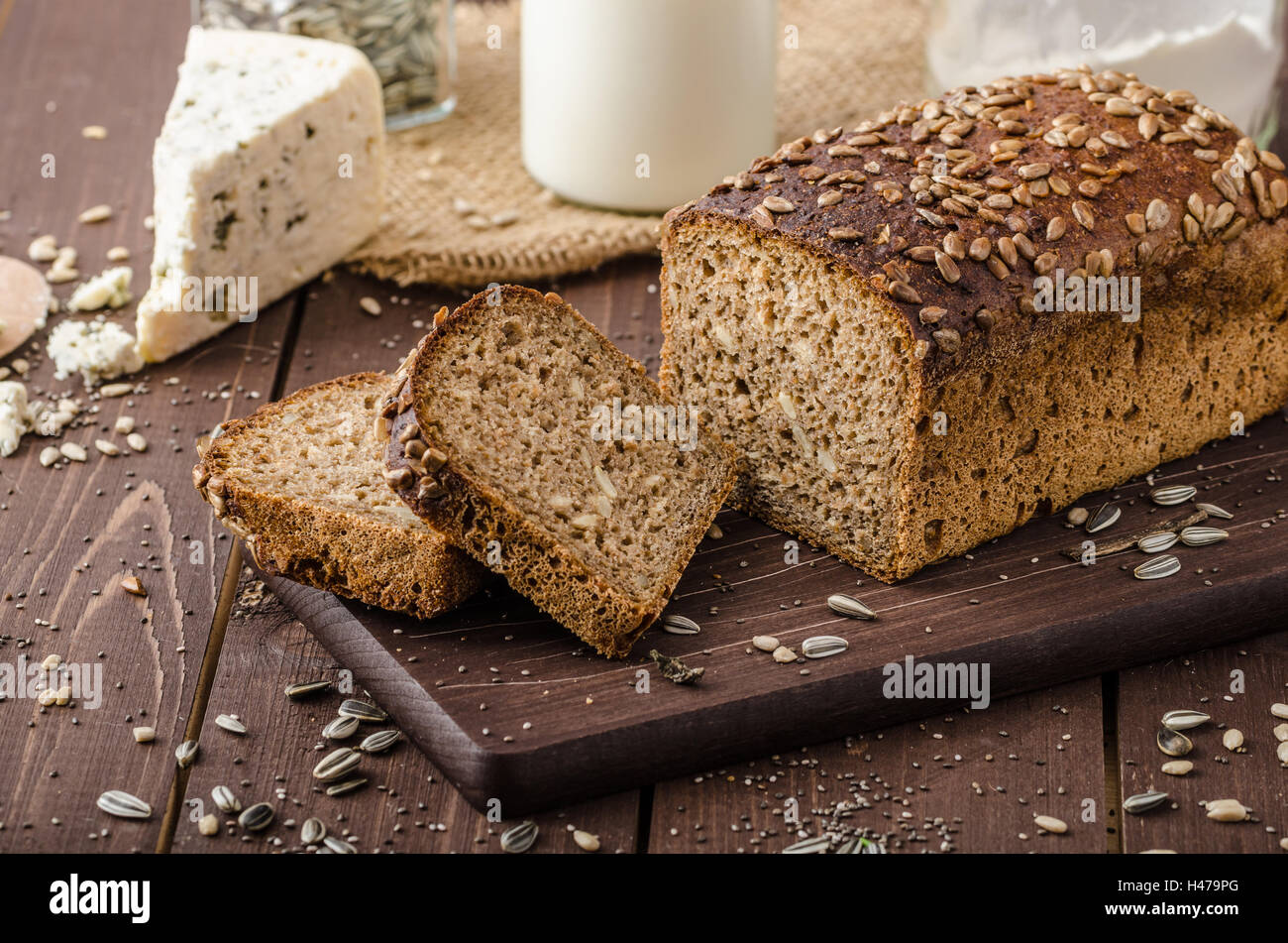 Whole wheat bread baked at home, bio ingredients, very healthy with seeds Stock Photo Alamy