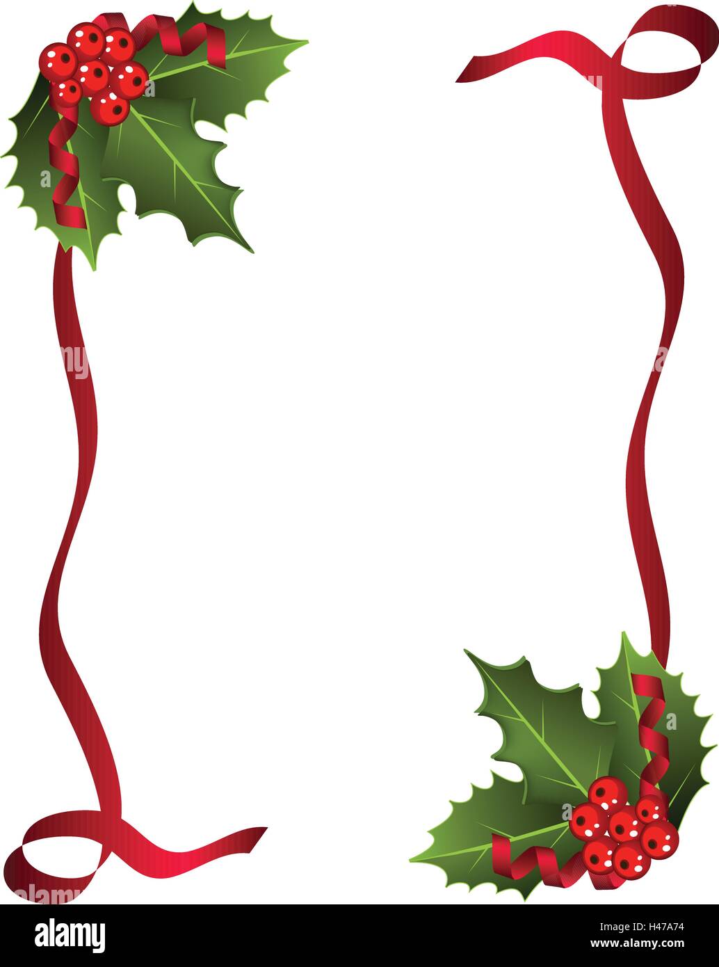 Christmas Berries with red ribbon and green leaves over white ...
