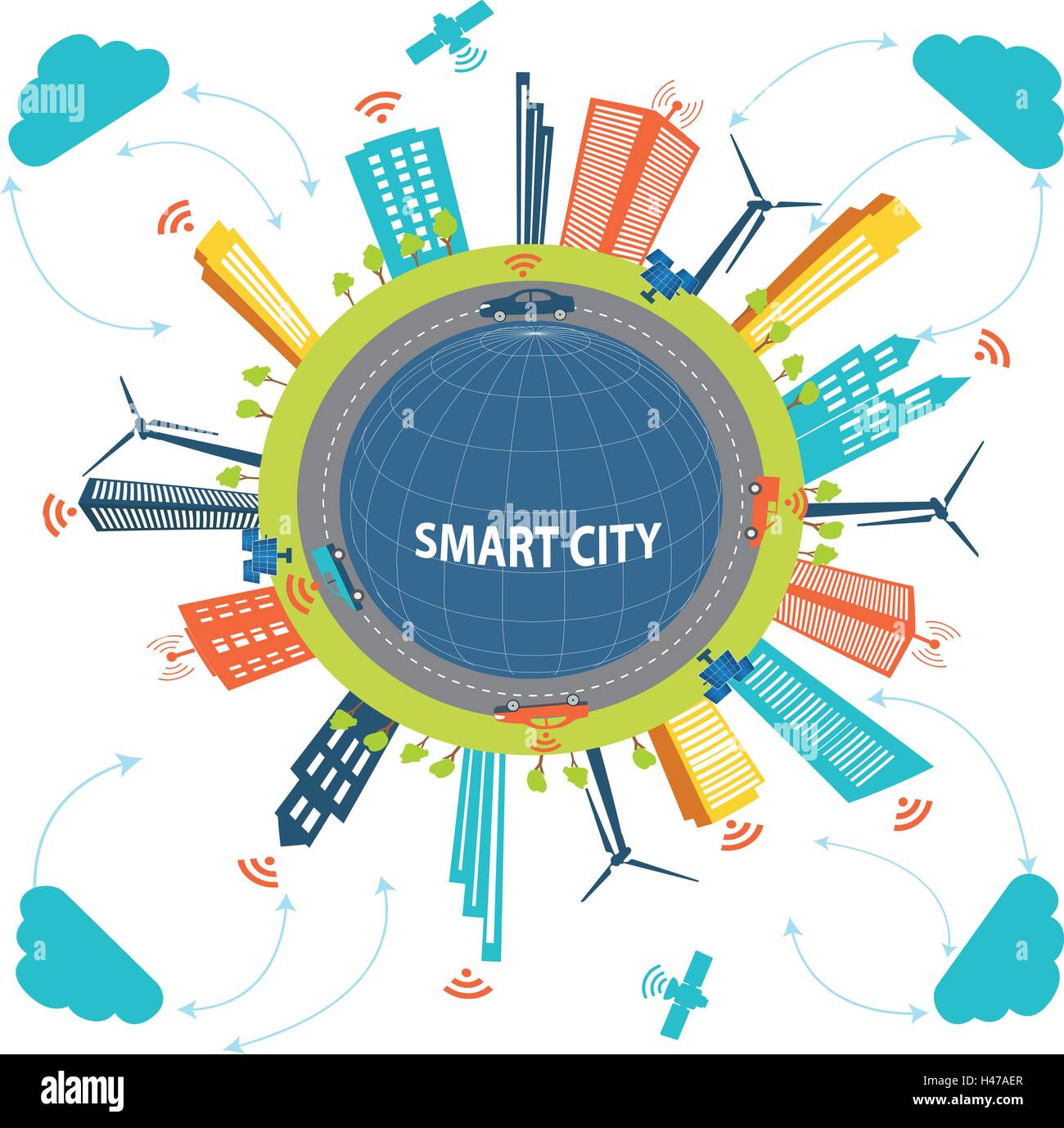 Smart City concept and Cloud computing technology  Internet networking concept  with different elements. Smart city design with Stock Vector