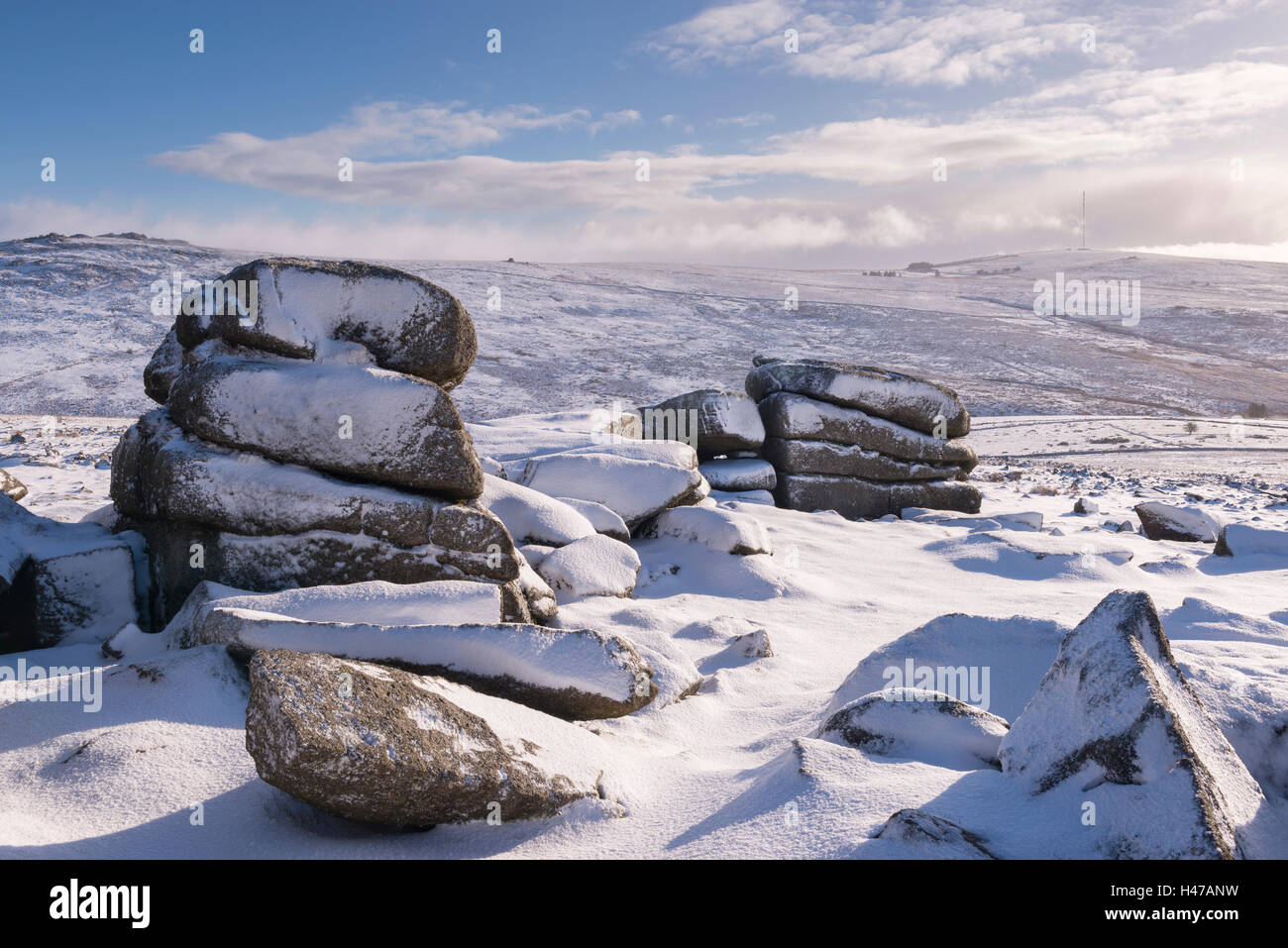 Snow covered moorland at Roos Tor, Dartmoor, Devon, England. Winter (January) 2015. Stock Photo