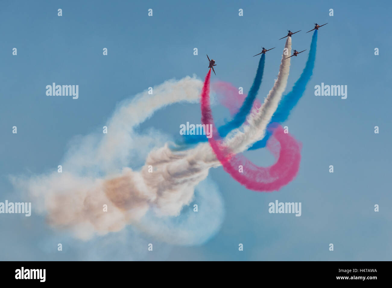 Part of the RAF Red Arrows display team's routine at Duxford airshow. Stock Photo