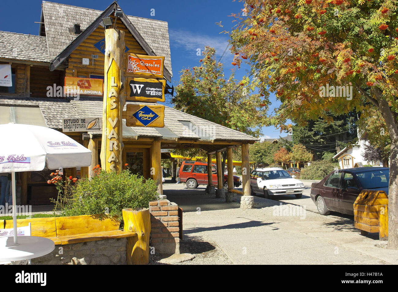 Argentina, Patagonia, Vila La Angostura, city centre, shops, traditional Patagonian timber-frame architecture, Stock Photo