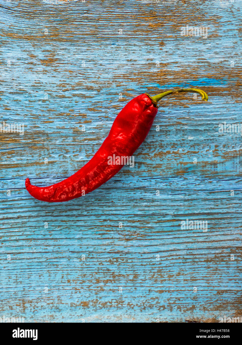 Red hot natural chili pepper on blue wooden weathering background Stock Photo