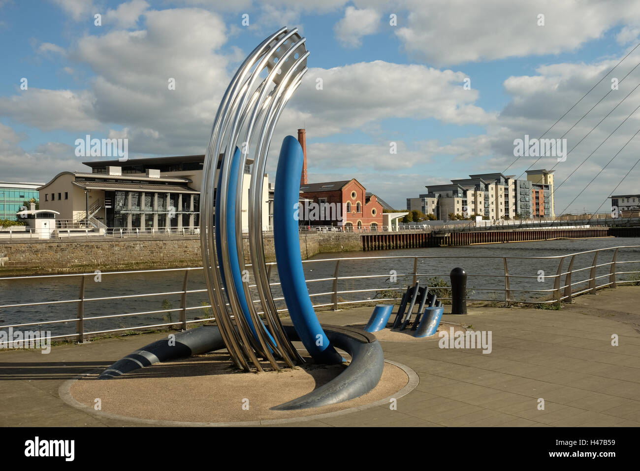 Swansea Maritime Quarter, riverside sculpture and River Tawe Stock