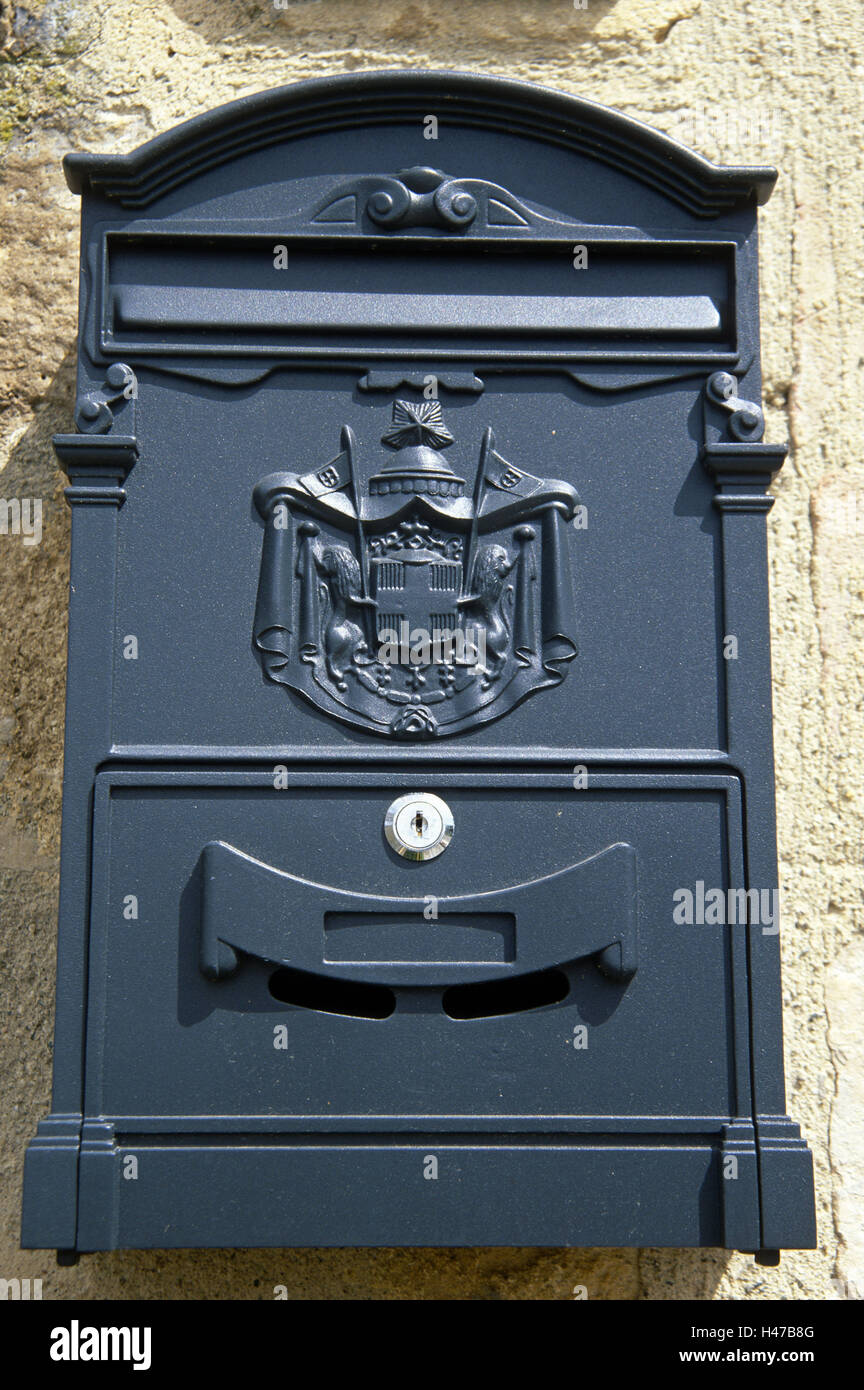 Mailbox, Italy, Tuscany, Monteriggioni, mailbox, coat arms, fortress place, Castello, medievally, letter slot, finished, lock, Stock Photo