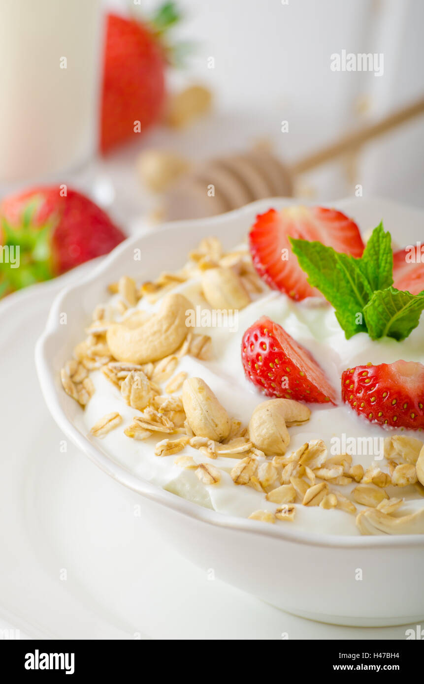 Domestic yogurt with granola strawberries, milk shake Stock Photo Alamy