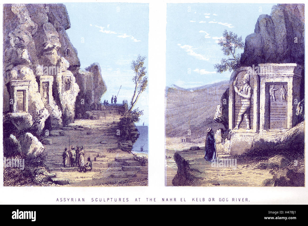Coloured illustration of Assyrian Sculptures at the Nahr El Kelb or Dog River scanned at high res from a book printed in 1868. Believed copyright free Stock Photo
