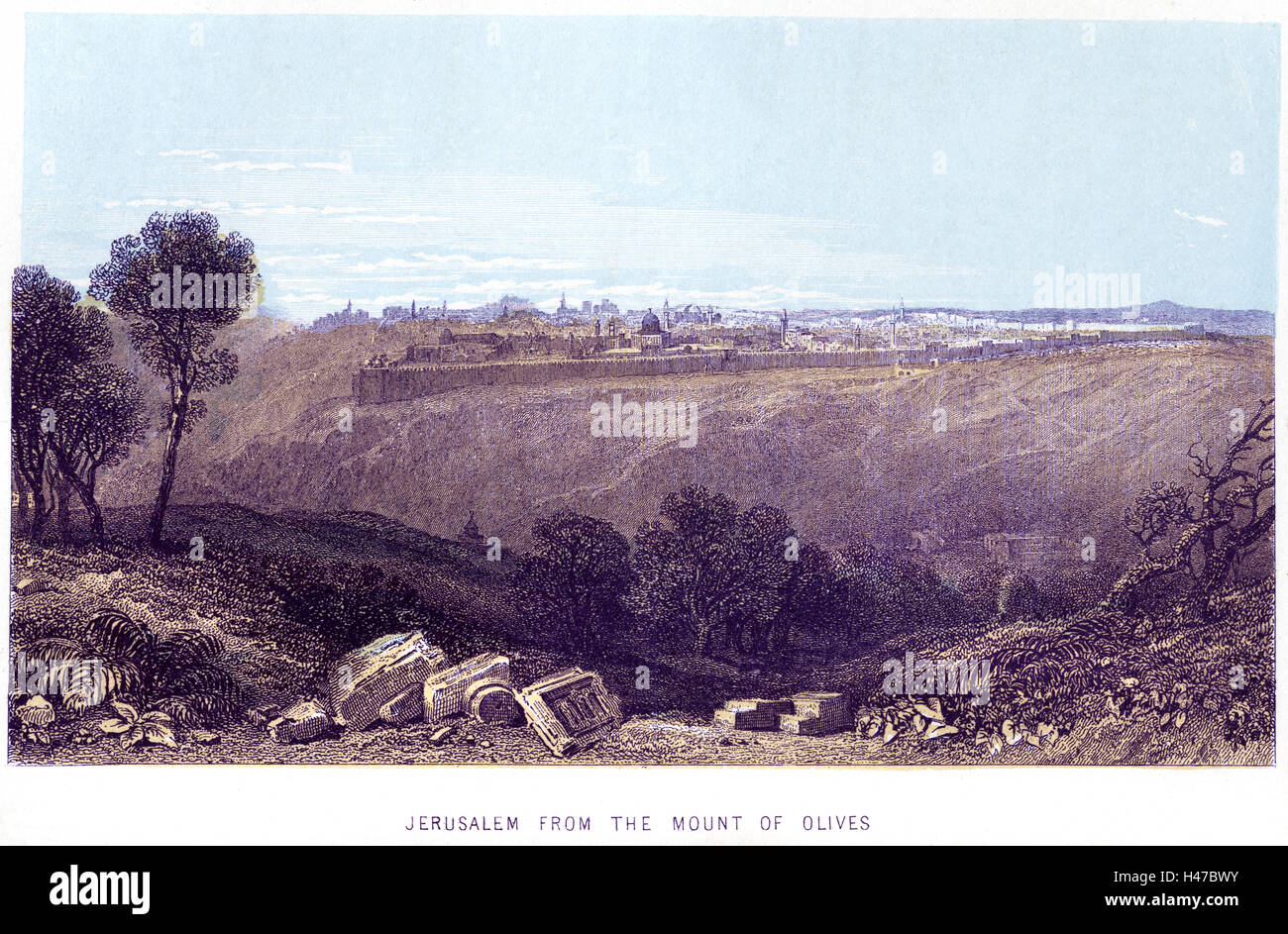 A coloured engraving of Jerusalem from the Mount of Olives scanned at high res from a book about the Holy Land printed in 1868. Stock Photo