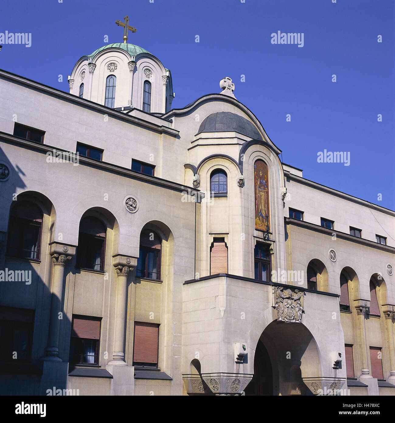 Serbia, Belgrade, patriarchy, Serbian-orthodox church, Europe, Southeast, Europe, Balkan Peninsula, town, capital, building, administration, administration building, head office, architecture, outside, deserted, patriarchy building, Stock Photo