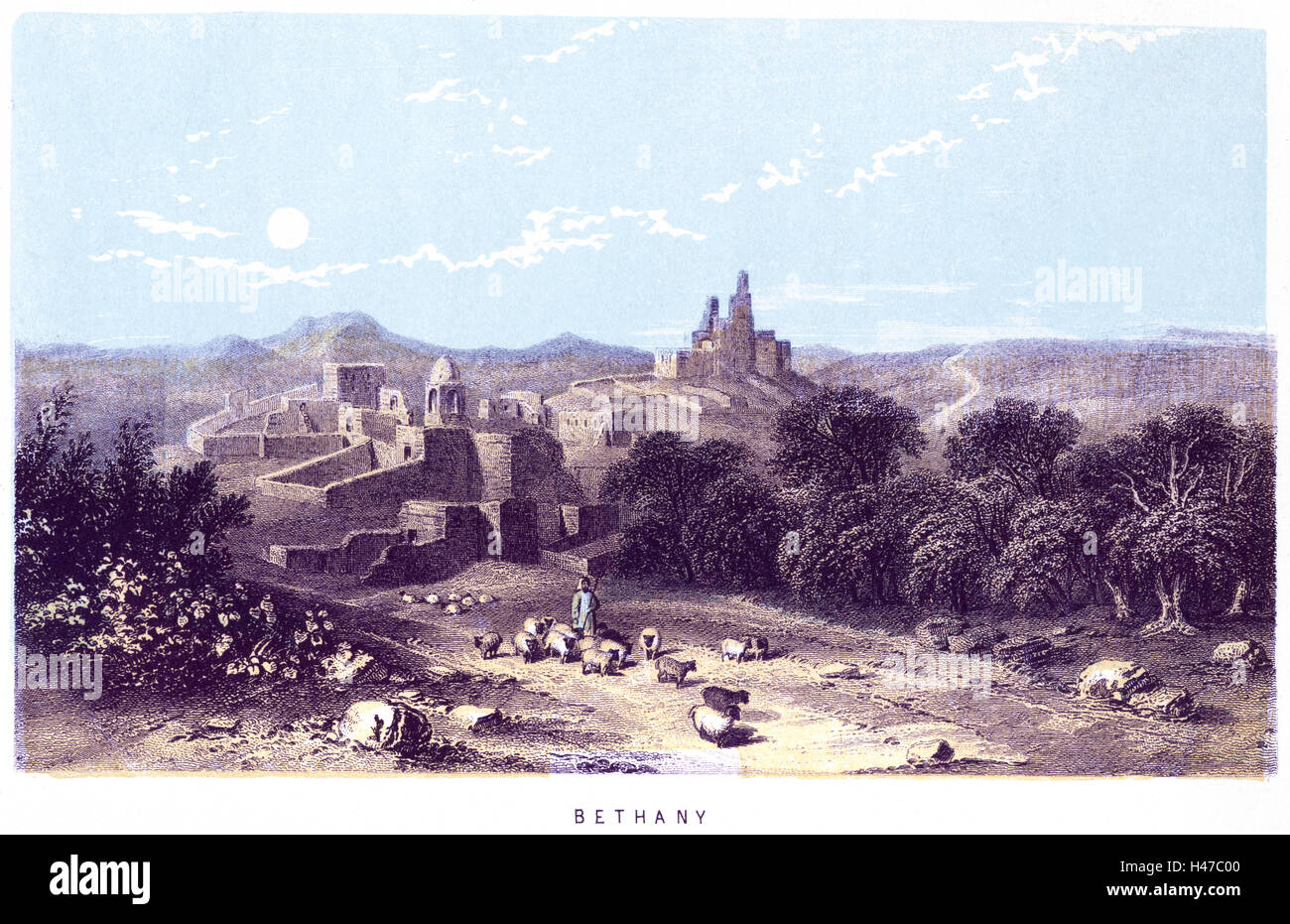 A coloured engraving of Bethany scanned at high resolution from a book about the Holy Land printed in 1868. Stock Photo