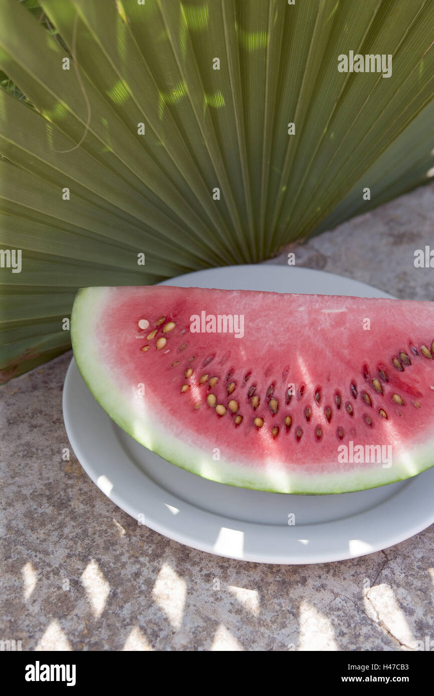 Melon, plate, Stilllife, Food, outside, food, fruit, fruit, exotic, tropical, food, healthy, refreshing, leaves, palm leaves, watermelon, summery, light, shade, curled, Stock Photo