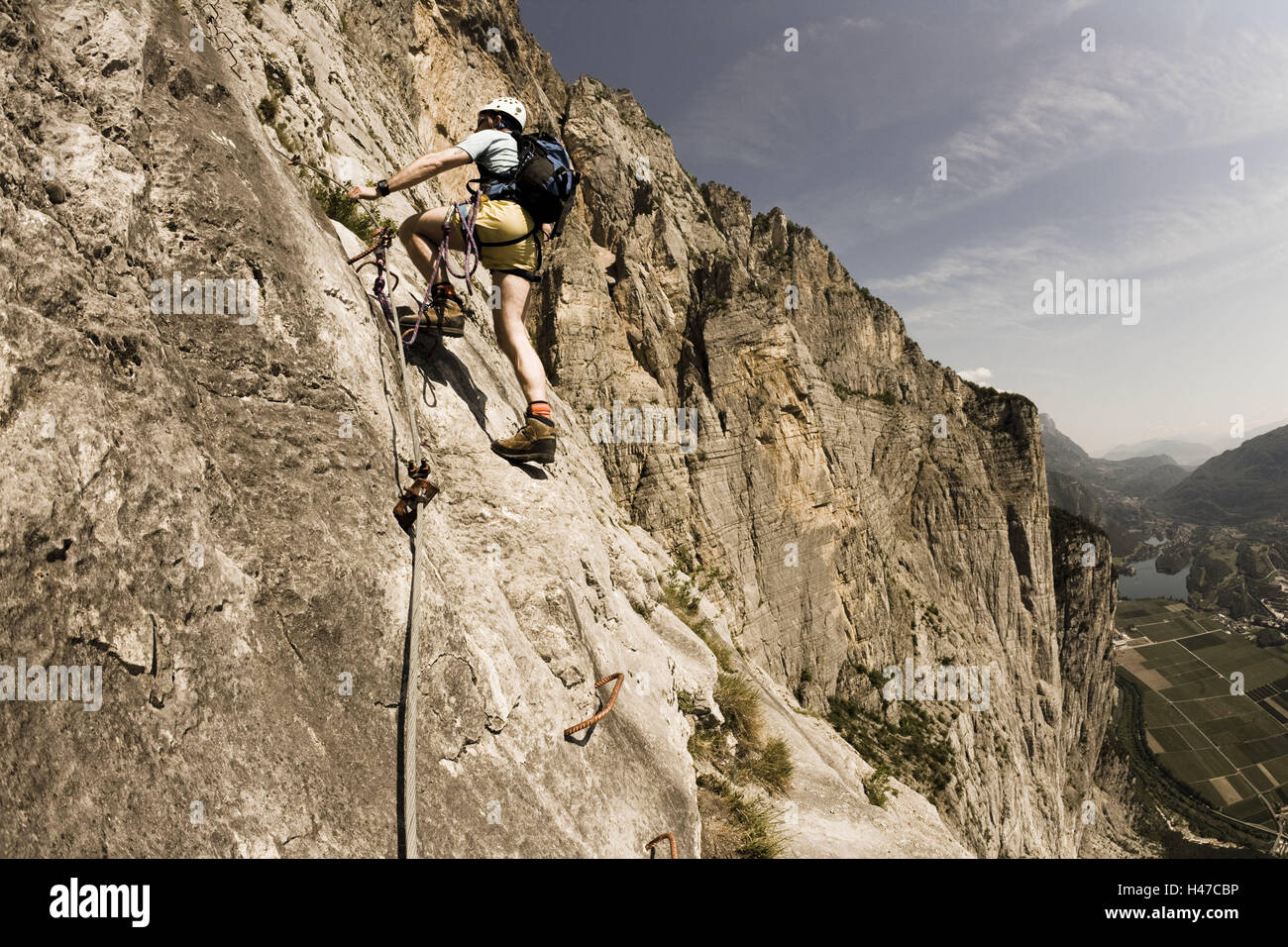 Mountaineers, cliff face, climbing steep path, rock, cliff face, steeply, have of a good head for heights, mountain sport, man, helmet, security, stop, promotion, climb, stick, strain, scenery, mountains, nature, mountains, high, On top, Gardasee, Ferrata Che Guevara, Stock Photo