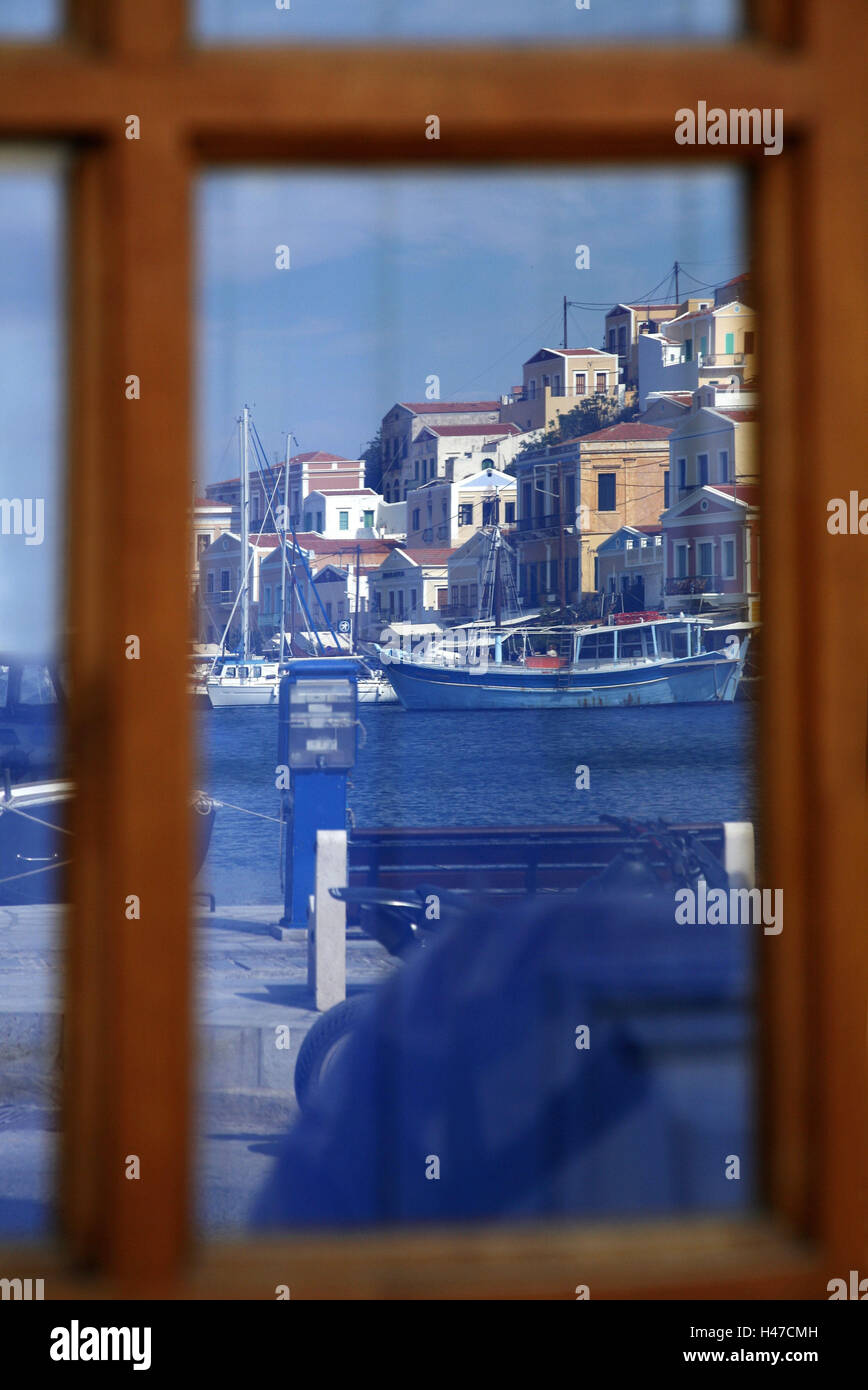 Greece, Dodekanes, Rhodes, island, Symi, harbour place Gialos, window, mirroring, harbour, sea, town view, local view, island capital, Symi town, Simi, rung window, window panes, reflexion, town, houses, boots, ships, harbour, Stock Photo