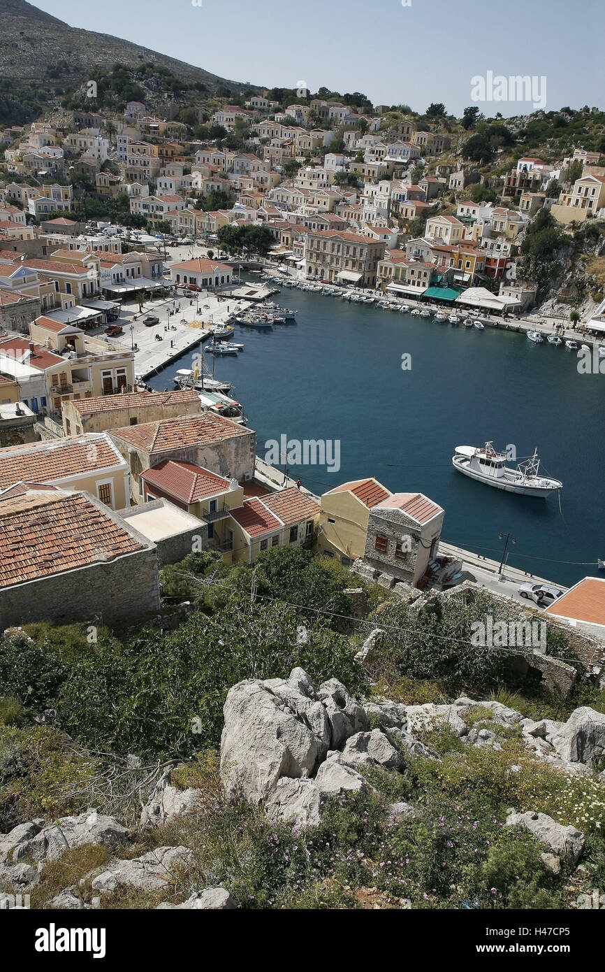 Greece, Dodekanes, Rhodes, island, Symi, hill, town overview, harbour place, Gialos, harbour, sea, view, view, local overview, overview, Simi, town, Symi town, island capital, houses, boots, ships, harbour promenade, Stock Photo
