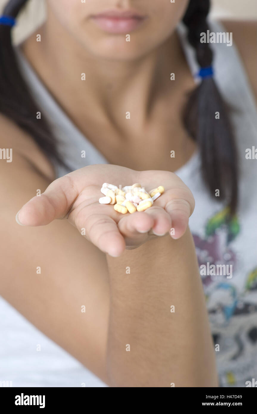 Teenager, palp, pills, detail, hold, blurred, Stock Photo