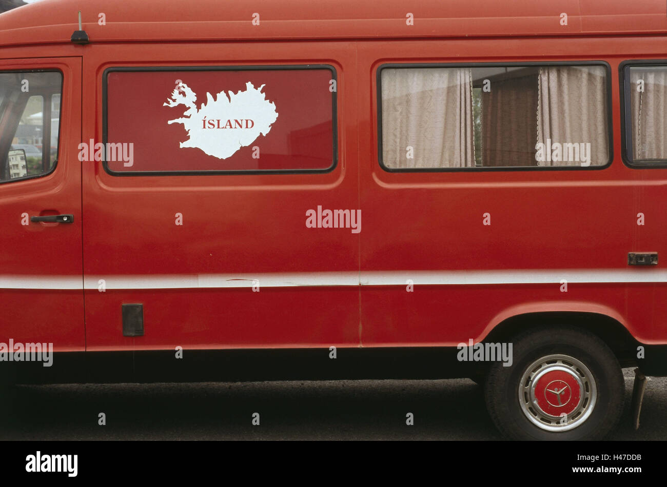 Camper, red, car window, contours, Island, preview, Europe, Northern Europe, Island, island, old-timer, vehicle, means of transportation, car, camping vehicle, camper, minibus, Mercedes, 207-D, nostalgically, page window, window, silhouette, nobody, outsi Stock Photo