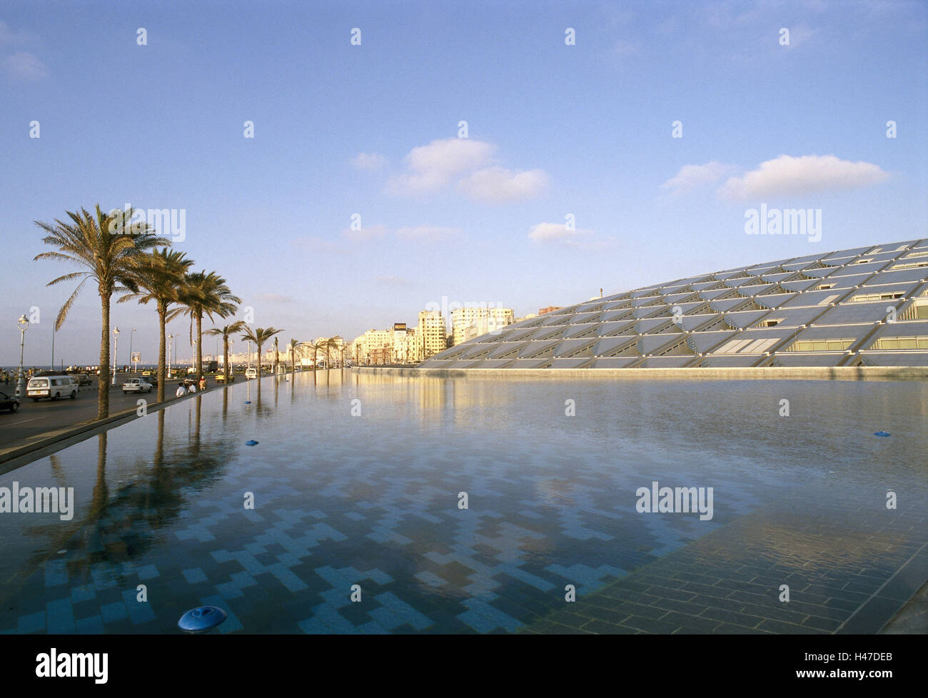Egypt, Alexandria, Corniche, library of Alexandria, sea, Nordostafrika, coast, port, town, town view, building, structure, modern, architecture, glass roof, glass, aslant, place of interest, water bassin, water, collection of books library, collection, kn Stock Photo