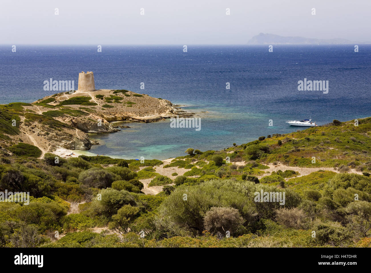 Italy, Sardinia, Costa del Sud, bay, beach, Torre di Piscinni, Sea, Yacht, Europe, South Europe, South Coast, building, historic, tower, watchtower, tower, Saracen tower, ship, motorboat, moored, people bathe, bay, beach, idyllic, landscape, coastal lands Stock Photo