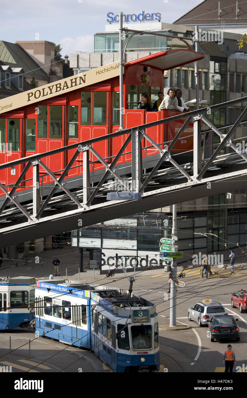 Switzerland, Zurich, polytrajectory, tourist, tram, traffic, no model release, no property release, town, part town, city, polyterrace, tourism, cable car, funicular railway, mountain, person, tourist attraction, red, historically, promotion, transport, rail transport, traffic network, Stock Photo