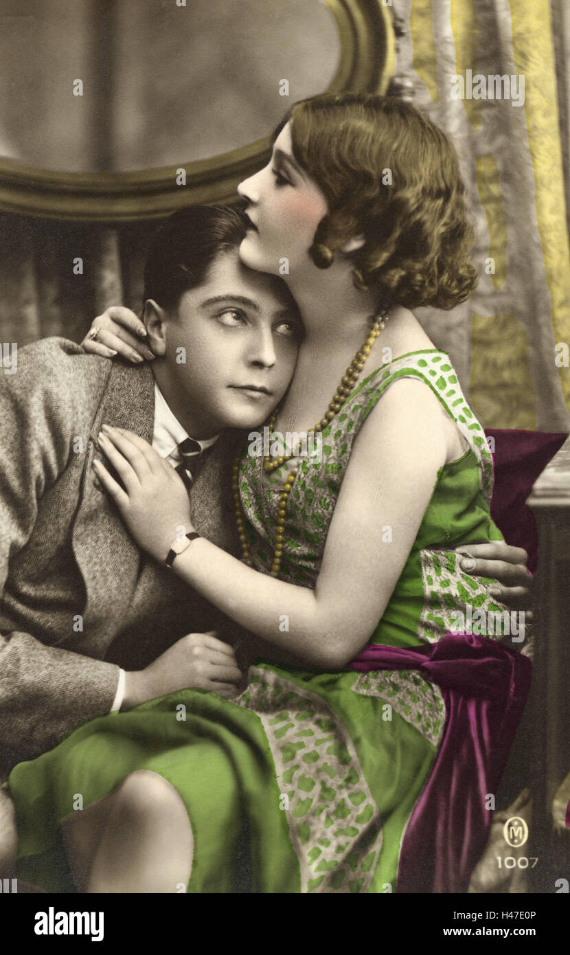 Nostalgia, couple, young, love, hug, postcard motif, nostalgic Stock