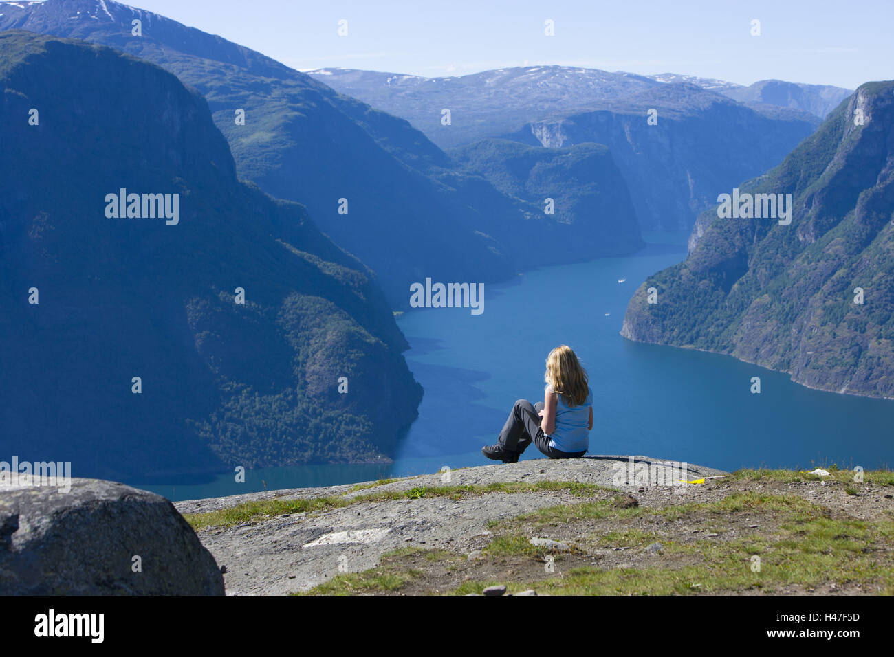View about Aurlandsfjord, Aurland, Sogn og Fjordane, Norway, Scandinavia, Stock Photo