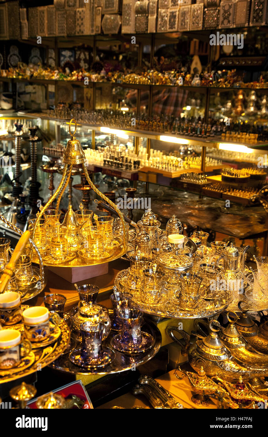 Bazaar, market stall, tea glasses, tray, sale, oriental, indoors
