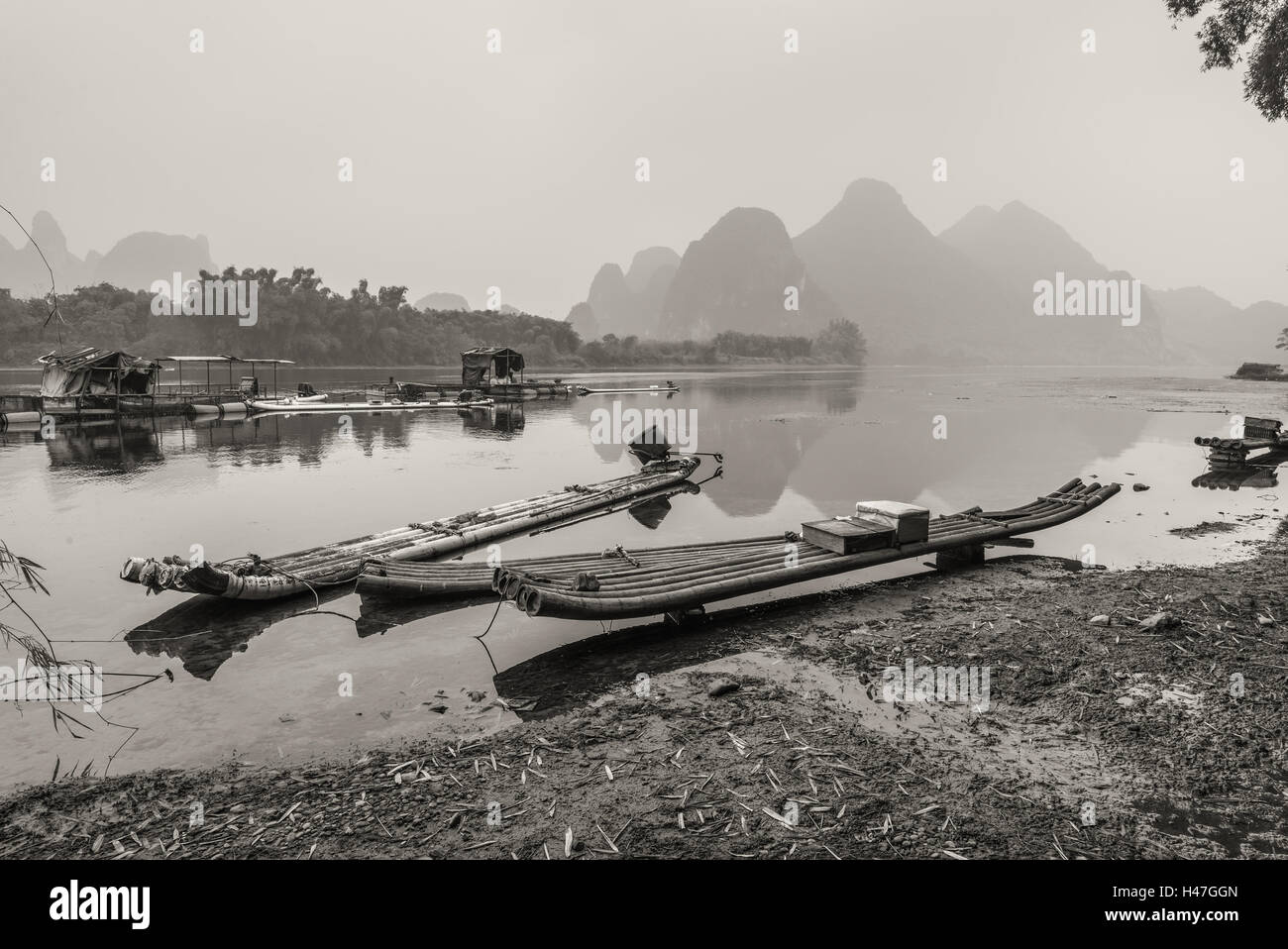 Traditional chinese bamboo rafts - black and white photography Stock Photo