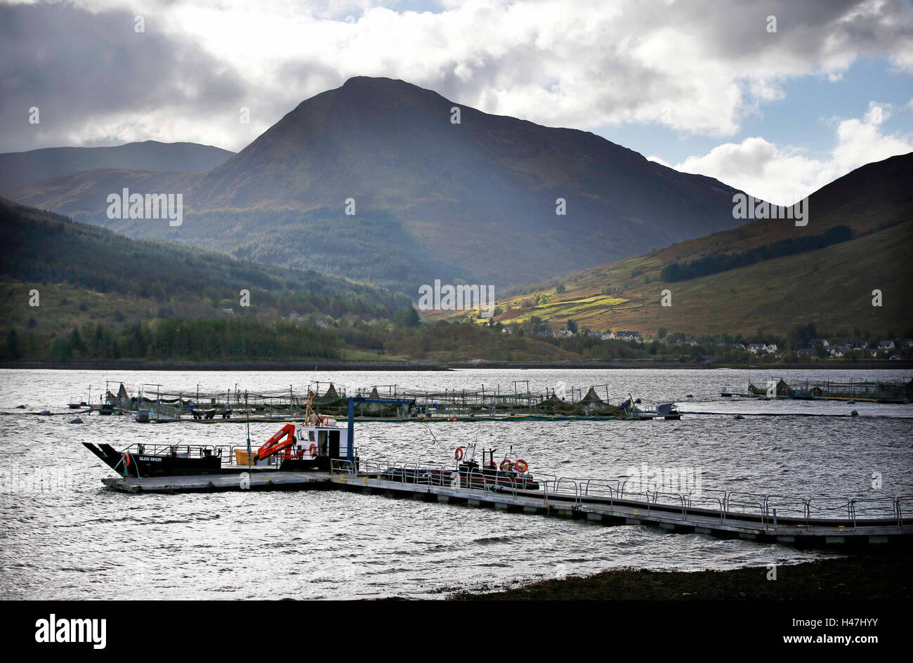 General view of Marine Harvest's Loch Leven Fish Farm on Loch Leven, at Onich, by Fort William, Inverness-shire, which was visited today by the Prince of Wales. Stock Photo