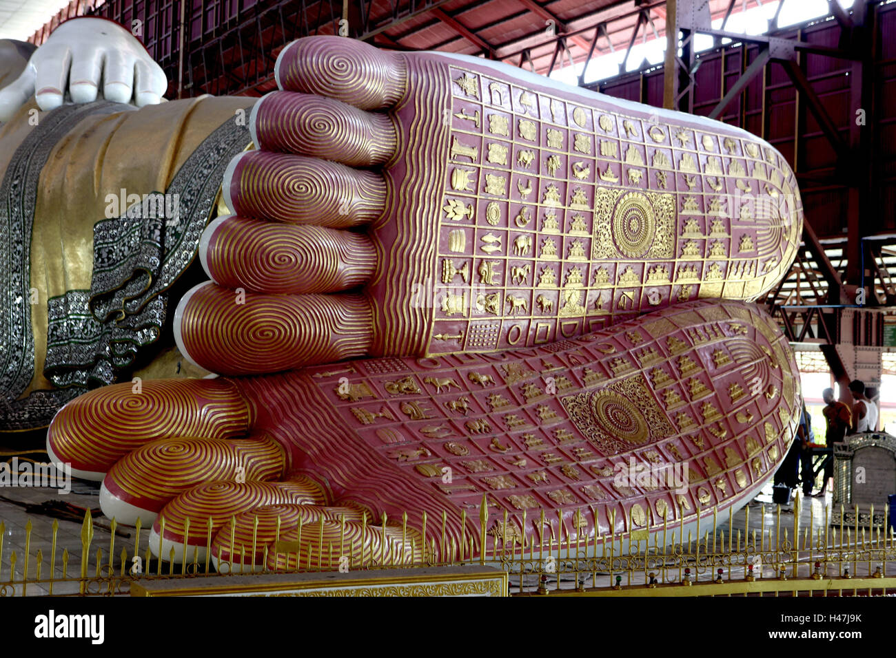 Myanmar, horizontal Buddha, detail, feet, Stock Photo