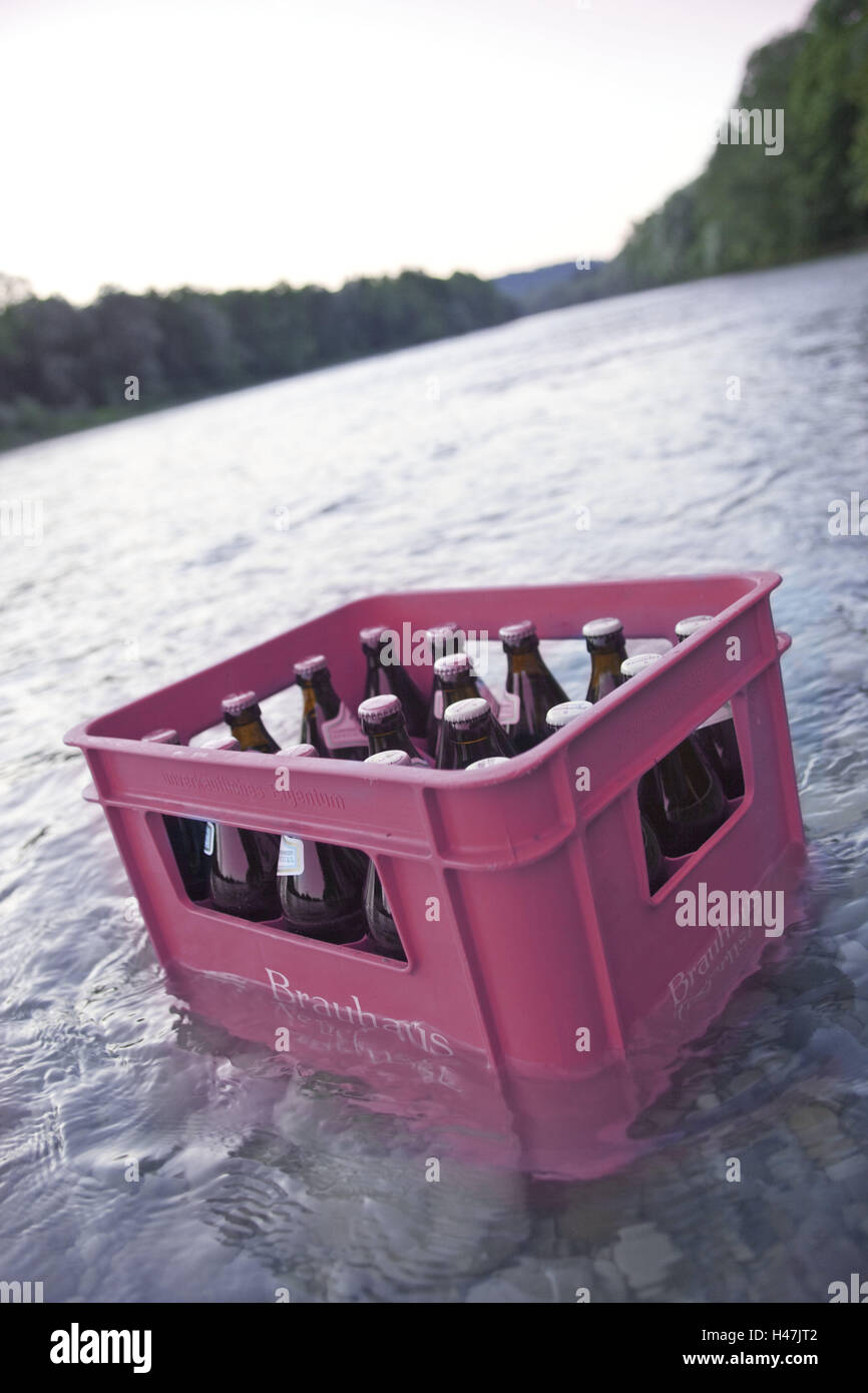 Beer crate, cooling, water, box, beer, alcohol, beer bottles, chilly, cool, beer box, refreshment, celebration, celebrate, Freshly, consumption, drink, party, picnic, Stock Photo