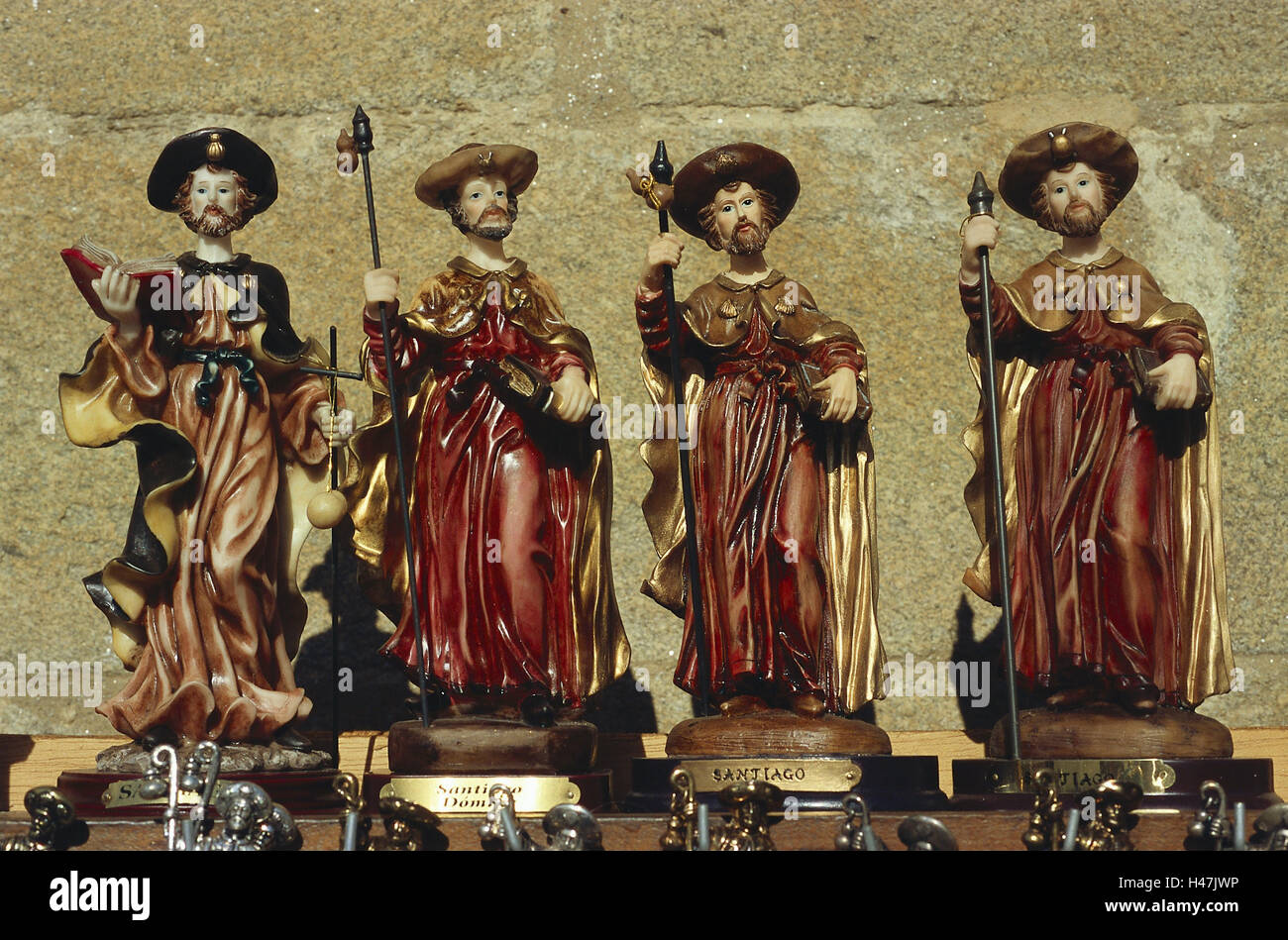 Spain, Galicia, Santiago de Compostela, souvenir sales, bells, place of pilgrimage, sales, souvenirs, bronze bells, silver bells, table bells, figures of a saint, icon, pilgrims, Pilgerschaft, Jakob's way, pilgrimage, pilgrim's way, material recording, economy, retail trade, Stock Photo