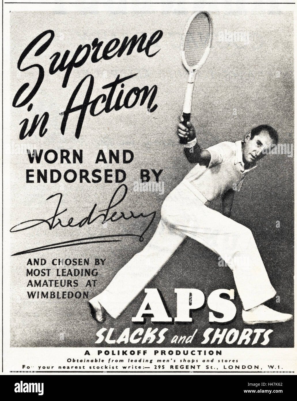 1950s advertising advert from original old vintage magazine dated 1952  advertisement for APS tennis slacks & shorts by Polikoff featuring Fred  Perry Stock Photo - Alamy