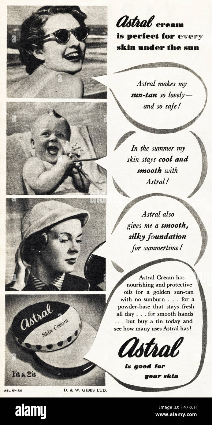 1950s advertising advert from original old vintage magazine dated 1952 advertisement for Astral skin cream Stock Photo