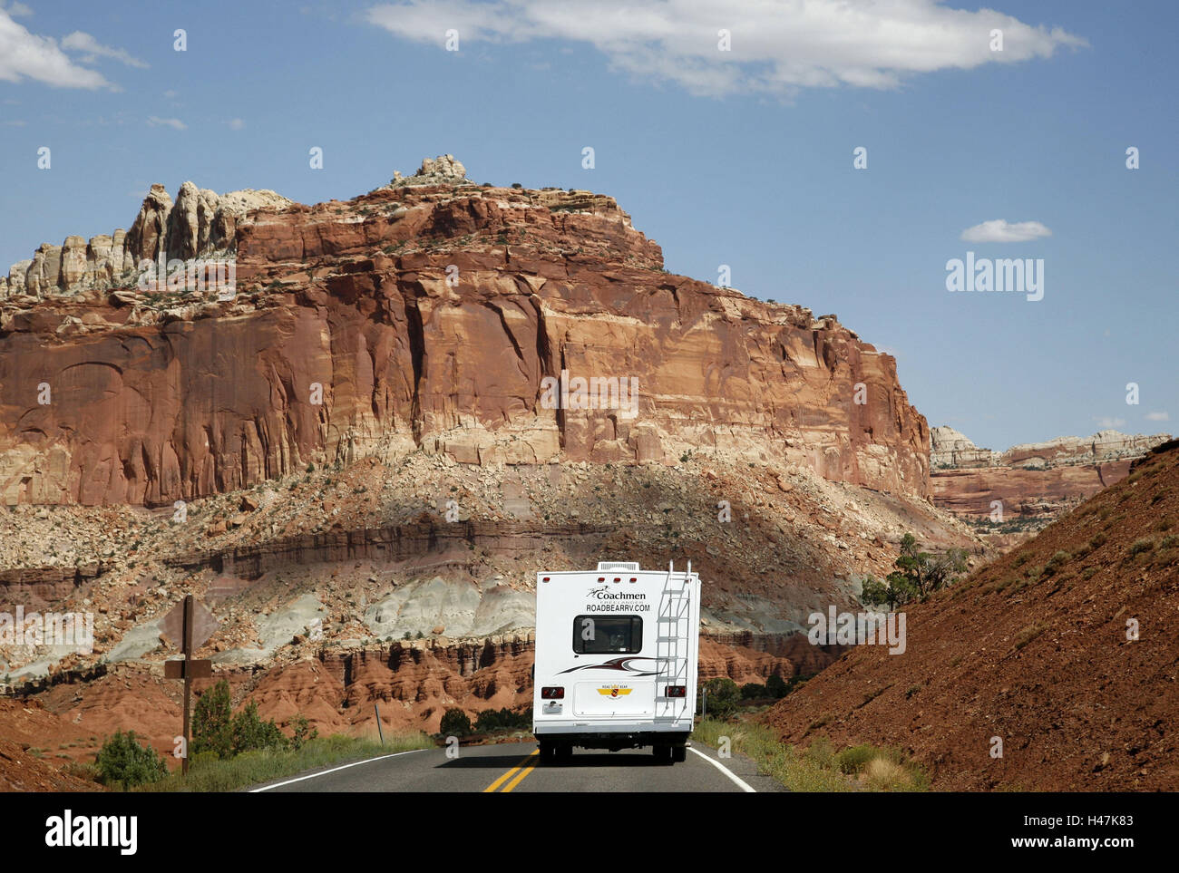 The USA, Utah, Capitol Reef NP, highway, camper, vehicle, drive, vacation, holidays, holiday destination, scenery, street, mountains, rock, red, nature, on the way, to travel, tour, tourism, America, Stock Photo
