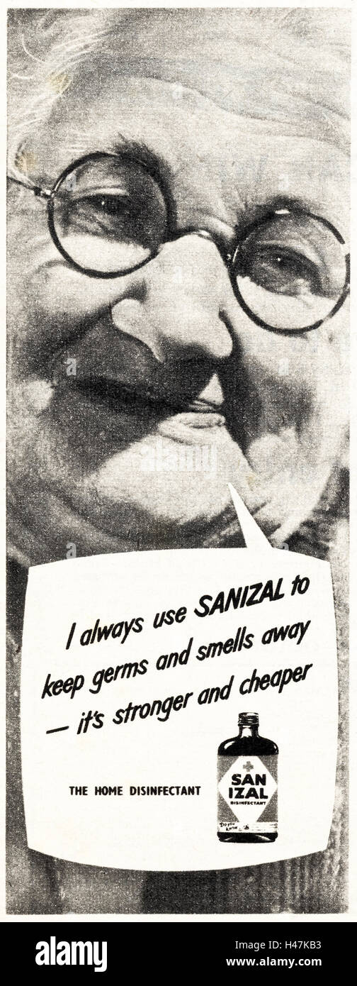 1950s advertising advert from original old vintage magazine dated 1952 advertisement for Sanizal home disinfectant Stock Photo