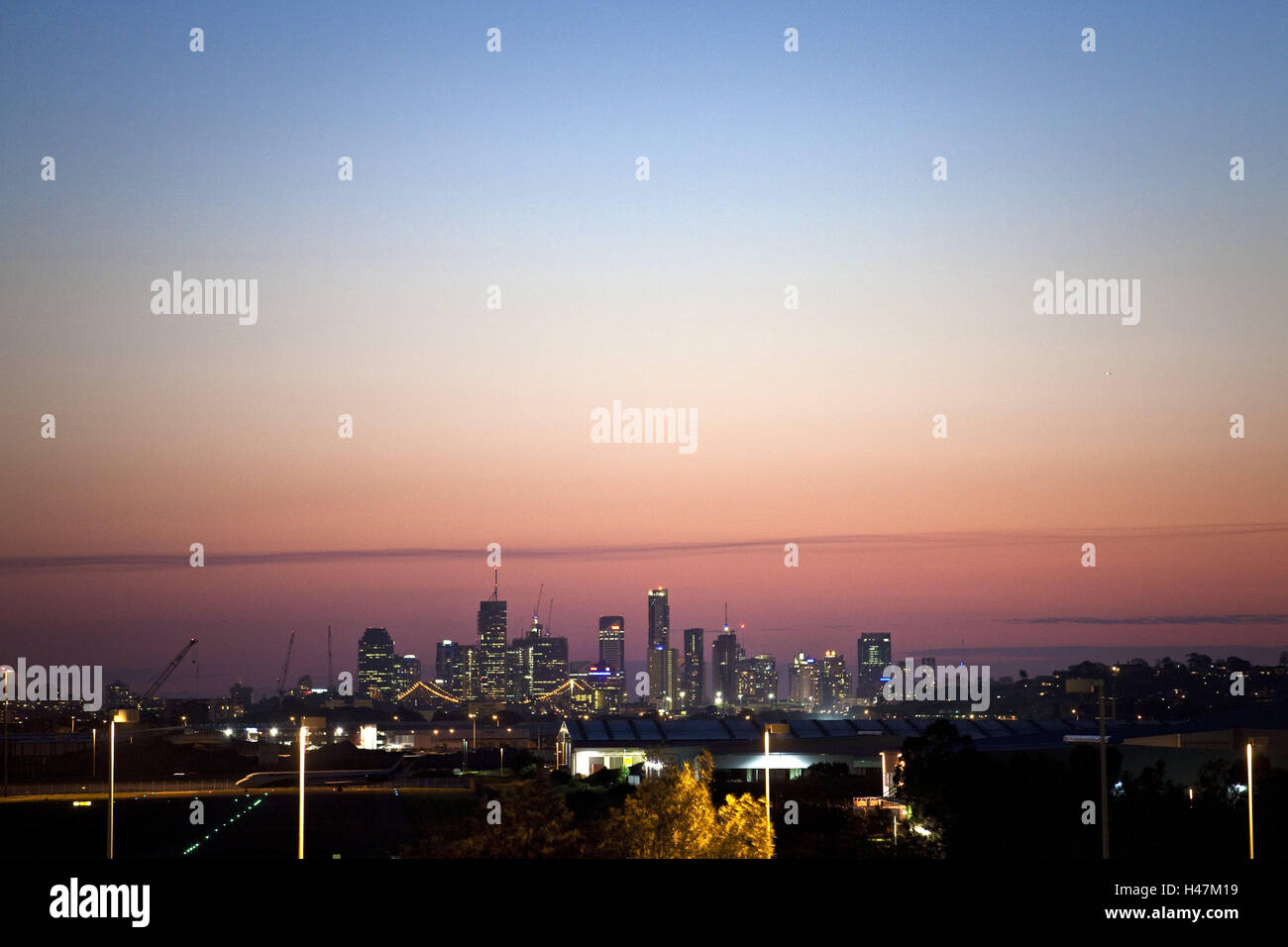 Australia, Queensland, Brisbane, town view, evening, the Pacific, Oceania, Westaustralien, illuminateds, dusk, skyline, city centre, skyscraper, high rises, afterglow, Stock Photo
