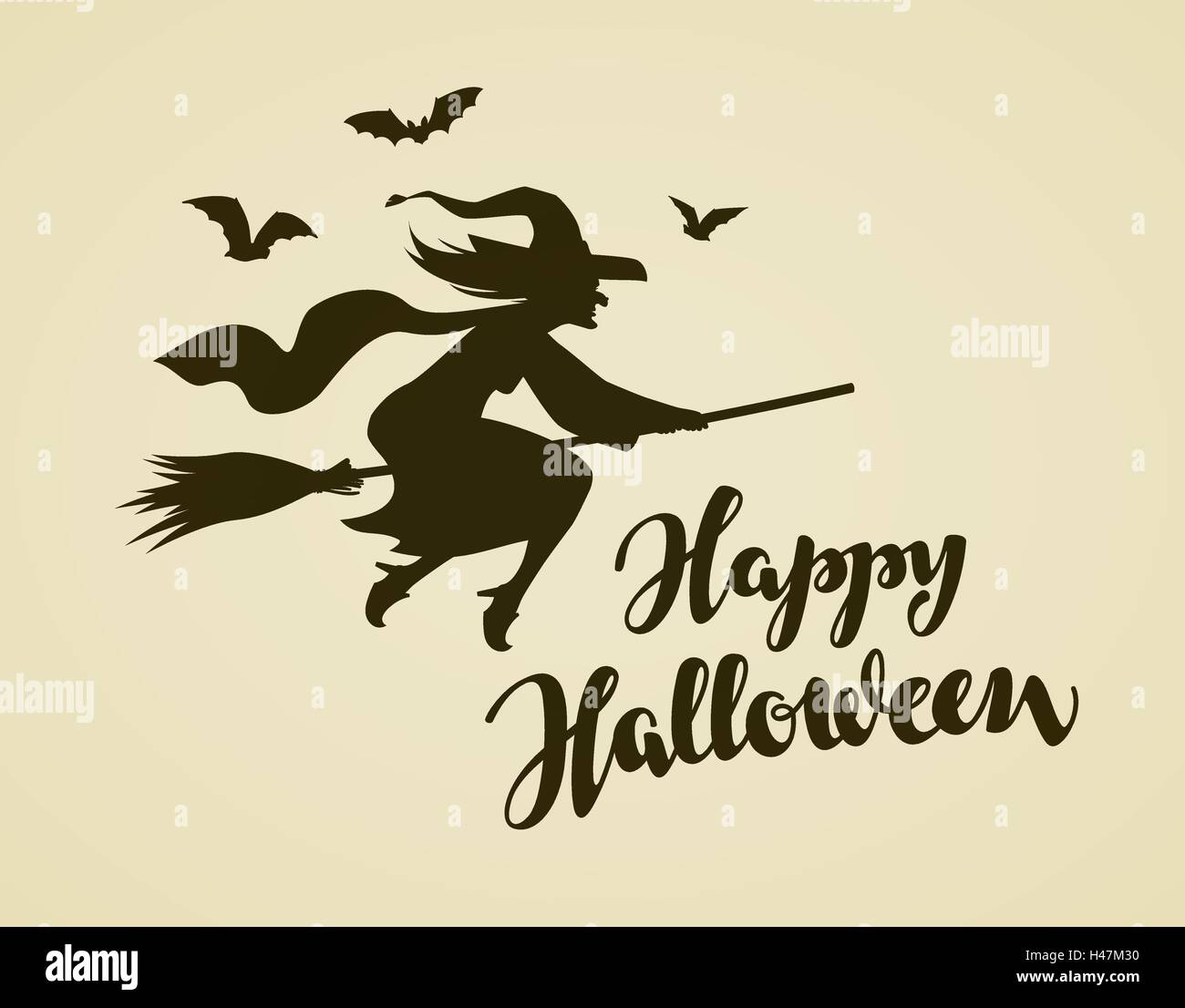 Happy Halloween Greeting Card Witch Flying On Broomstick Vintage Vector Illustration Stock