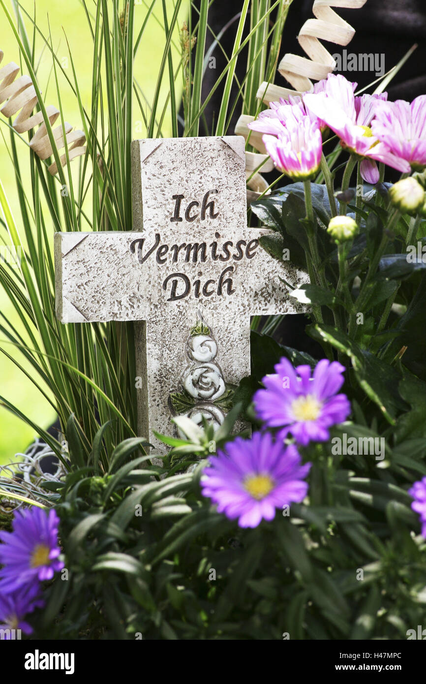 Tomb, cross, I misses you, chrysanthemums, asters, tomb flower