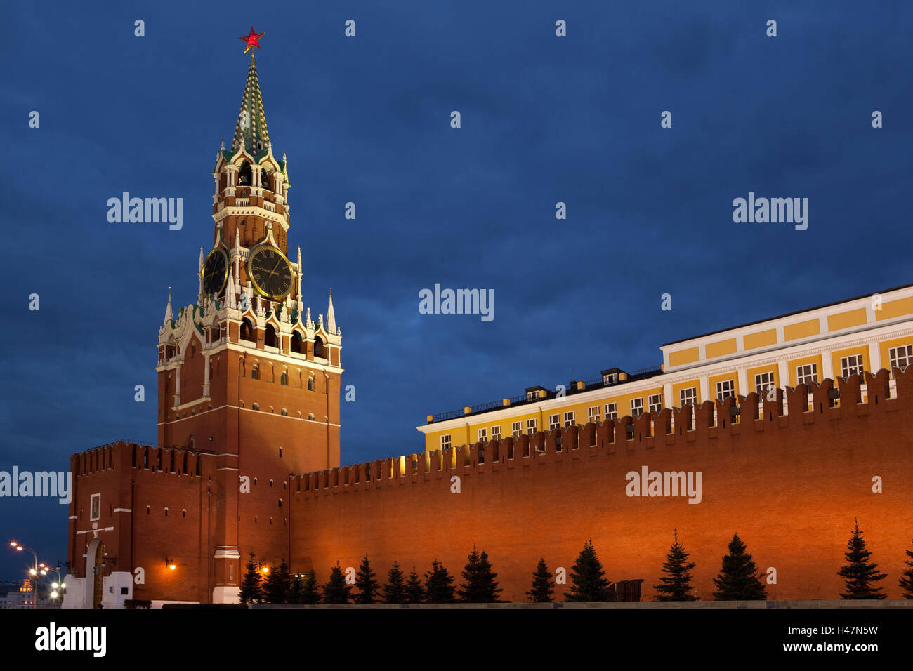 Moscow, Red Square, Redeemer Tower, at night, Stock Photo
