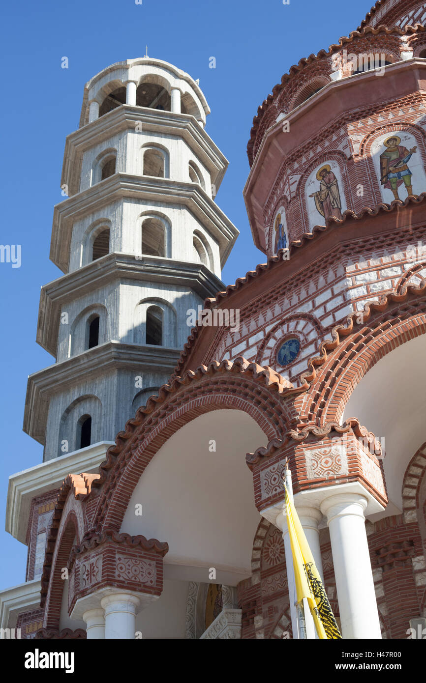 The Byzantine style Greek Orthodox church and tower of Nea Moudania, Macedonia, Greece Stock Photo