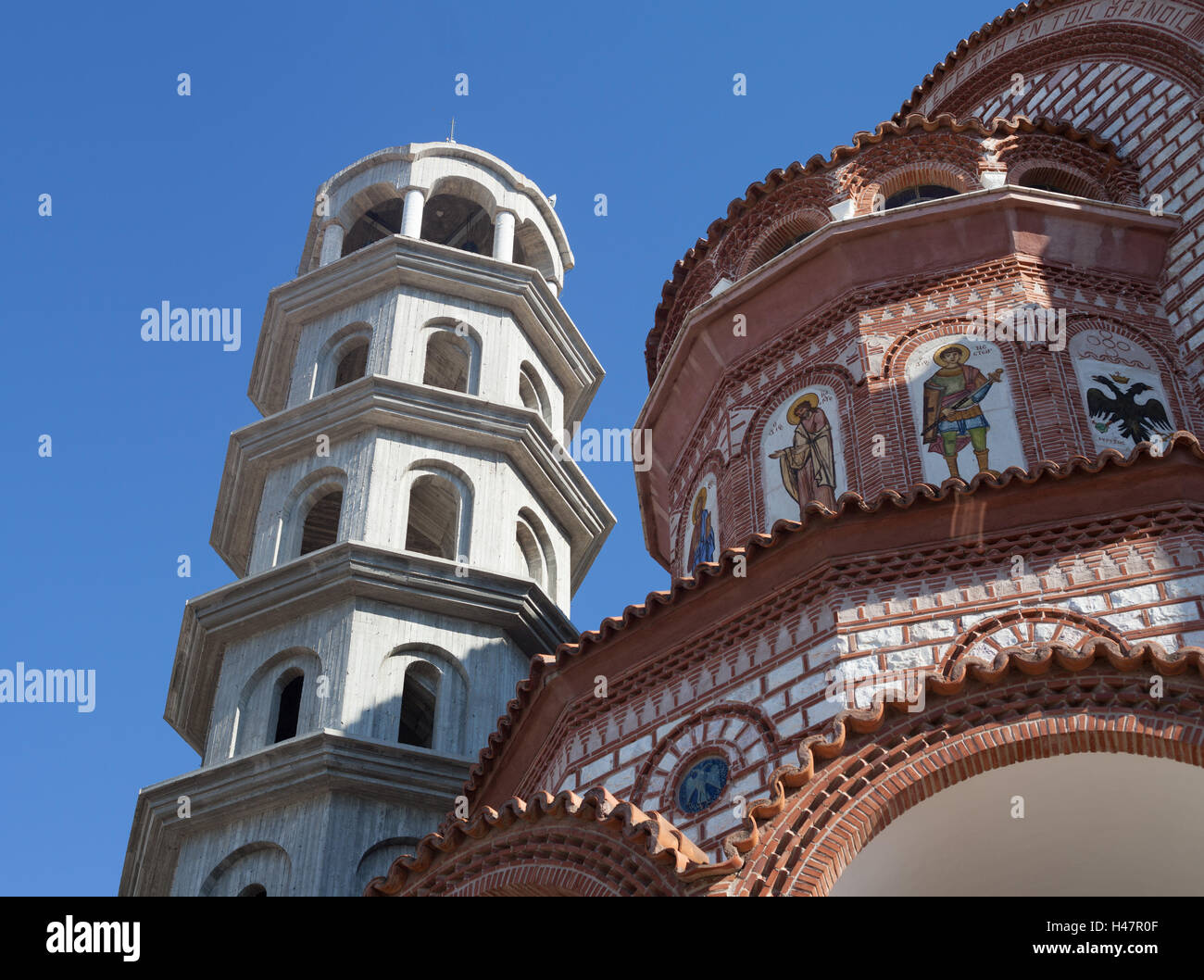 The Byzantine style Greek Orthodox church and tower, Nea Moudania, Macedonia, Greece Stock Photo