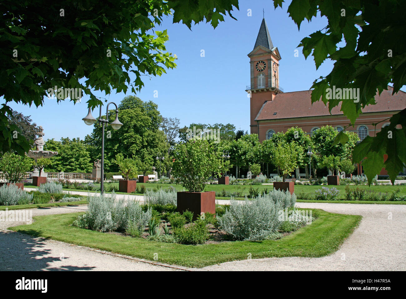 Germany, Rhineland-Palatinate, bath Home Dürk, Health resort park, Parish church, Fountain, Lantern, Patch, Steeple, Church, Church, Steeple, Church clock, Faith, Religion, Health resort, Health, rest, Reha, rehabilitation, wine village, wine-growing area Stock Photo