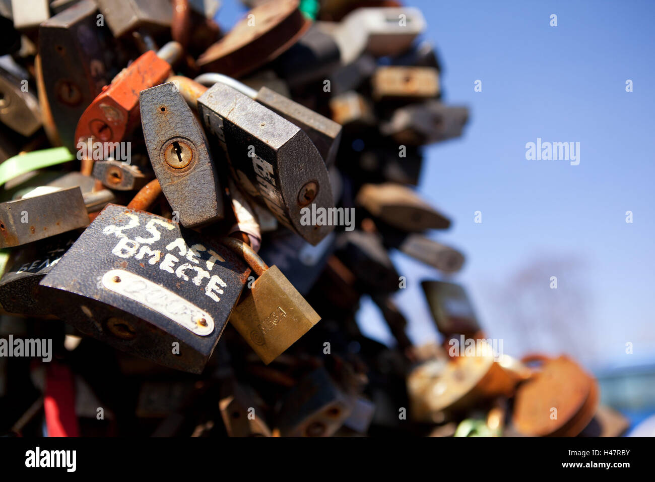 Moscow, tree made of padlocks, close-up, detail, locks, writing 'together for 25', Stock Photo