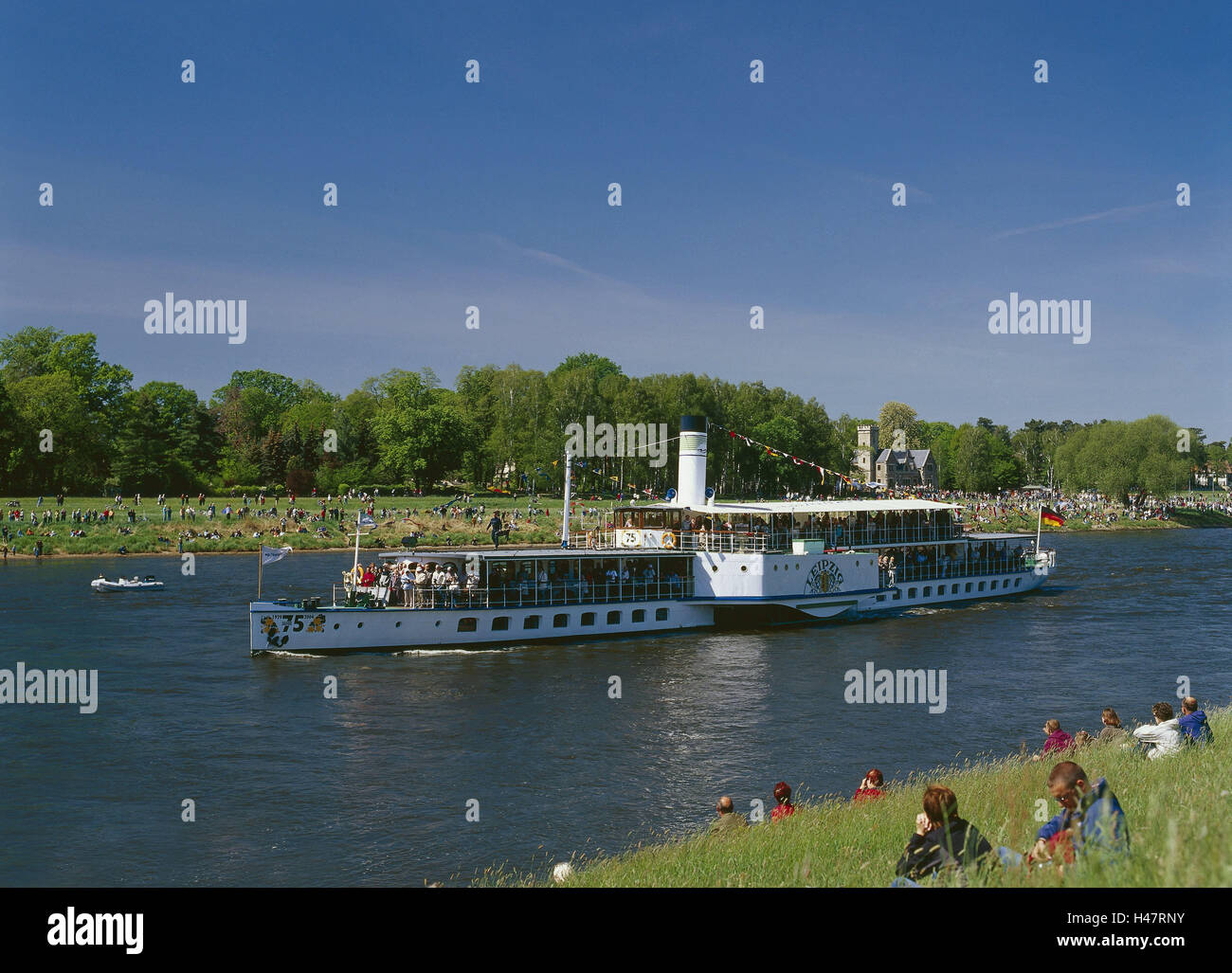 Germany, Saxony, Dresden, the Elbe, steamboat, riverside, crowd people