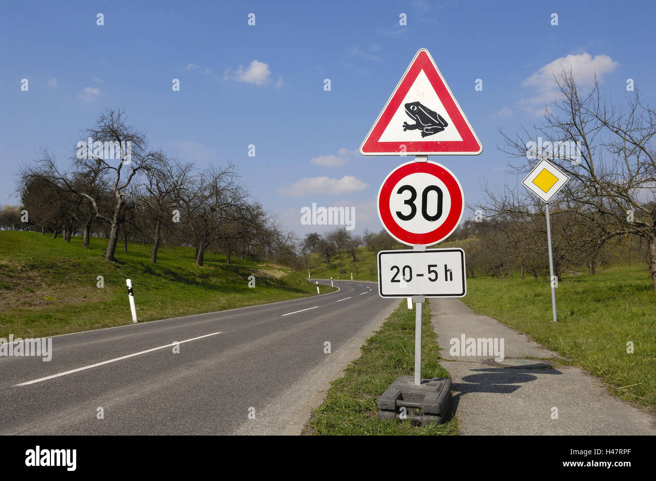 streets, toad migration, traffic signs Stock Photo